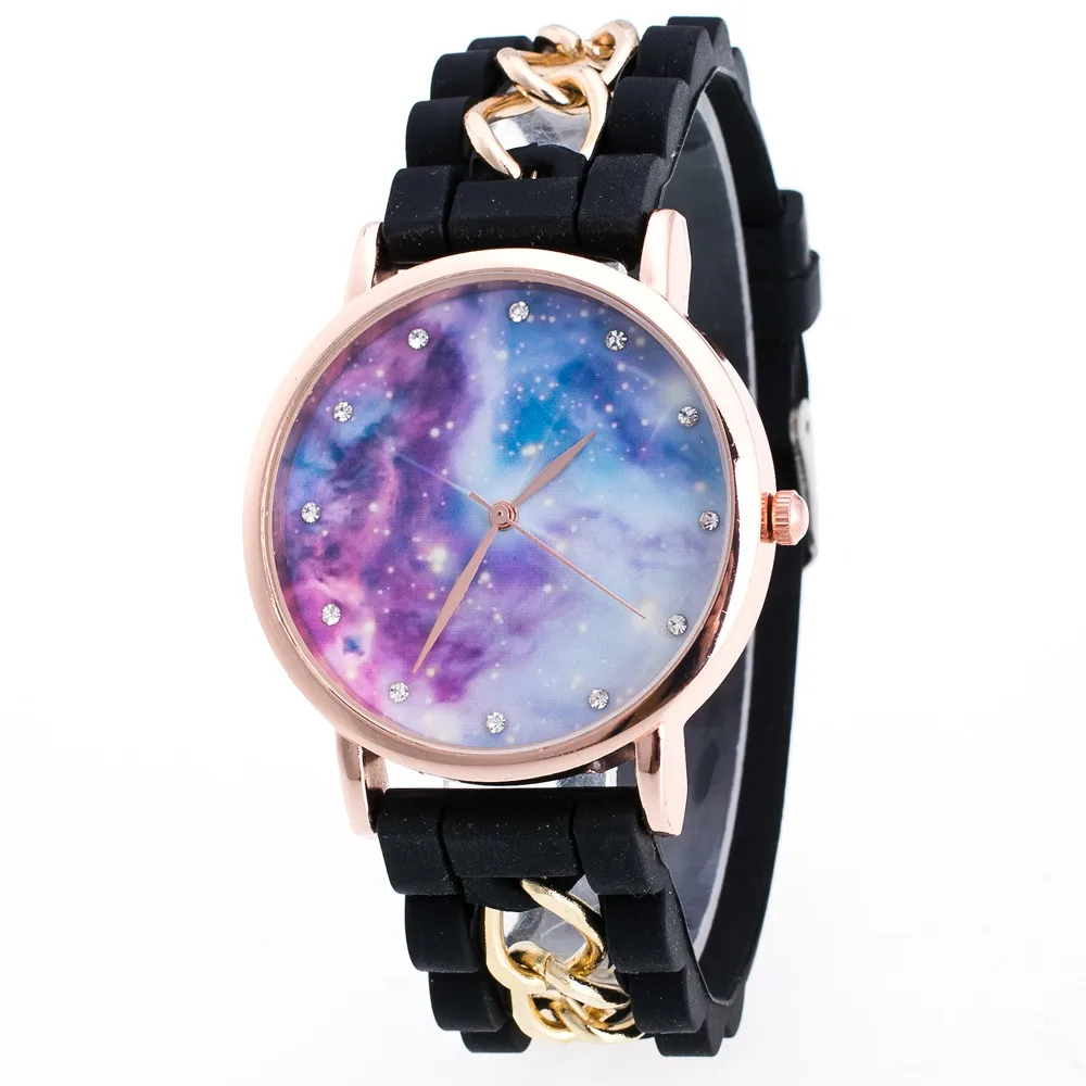 

Fashion Children Watch Women Parent-child Watches Mysterious Universe Starry Dial Silicone And Golden Bracelet Quartz Wristwatch