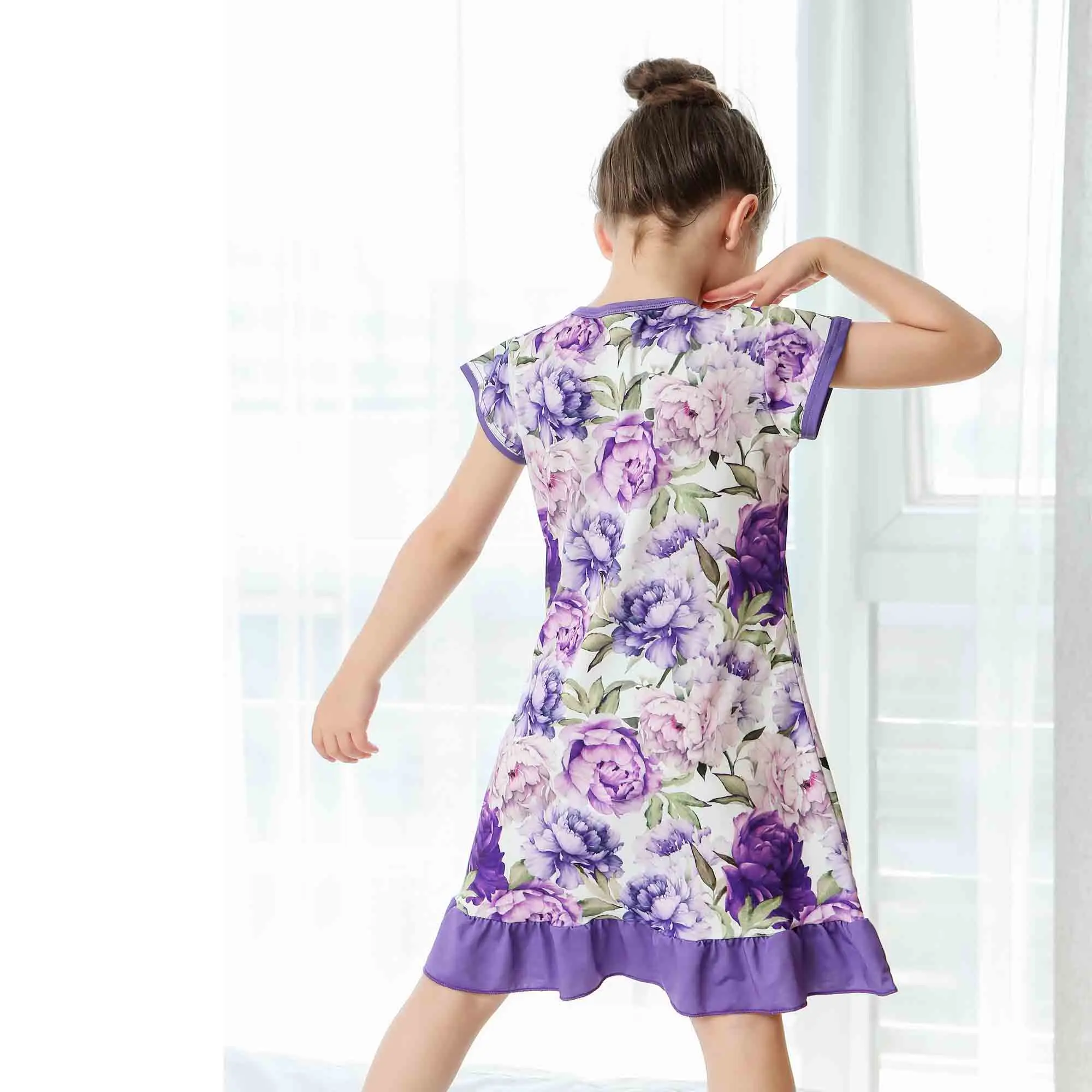 Новые модные детские ночные рубашки для девочек, сиреневое Ночное платье с цветочным принтом, мягкие ночные платья с цветочным принтом, детские пижамы
