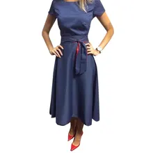 

Free shipping 2016 Casual Dot Print Women Dress O-Neck Elegant Party Tunic Summer Dress With Belt vintage Dress Vestidos