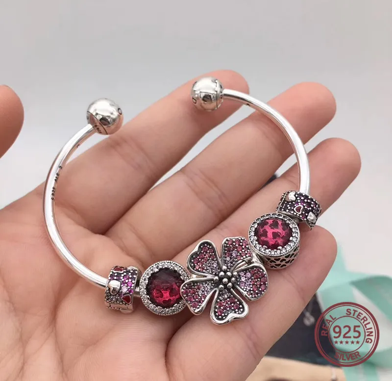 

Fanier Cherry Blossom Series 2019 New Pink Bracelet Open Style Beautiful Bracelet 925 Sterling Silver Original Jewels