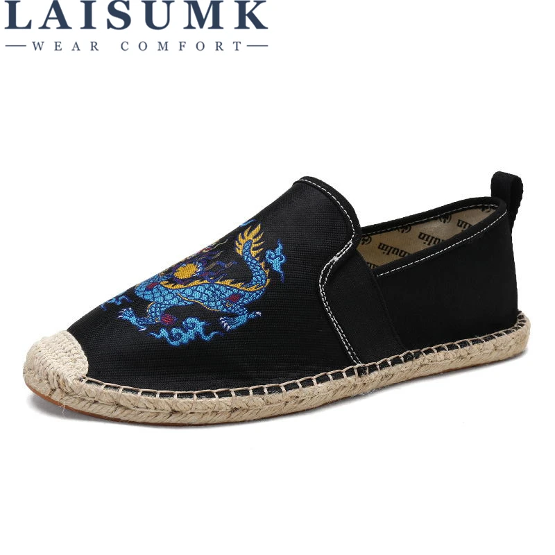 

LAISUMK Functional Embroidery Canvas Espadrilles Shoes Men Loafers Summer Brand Male Linen breathable Casual driving shoes