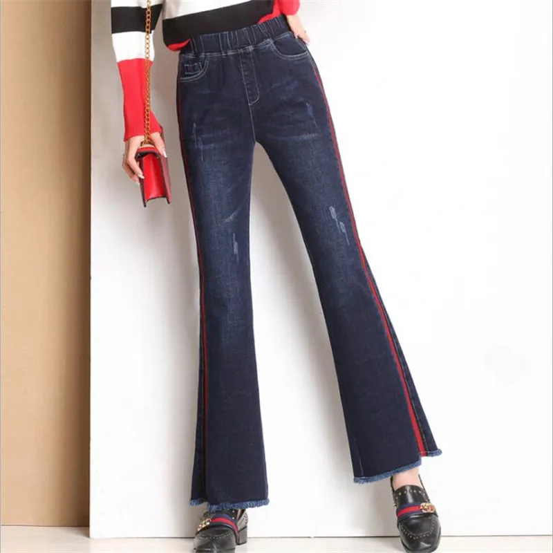 

2019 Flare Jeans Pants spring woman casual Elastic Waist denim color stitching waist Red stripe Jeans and skinny jeans trouser