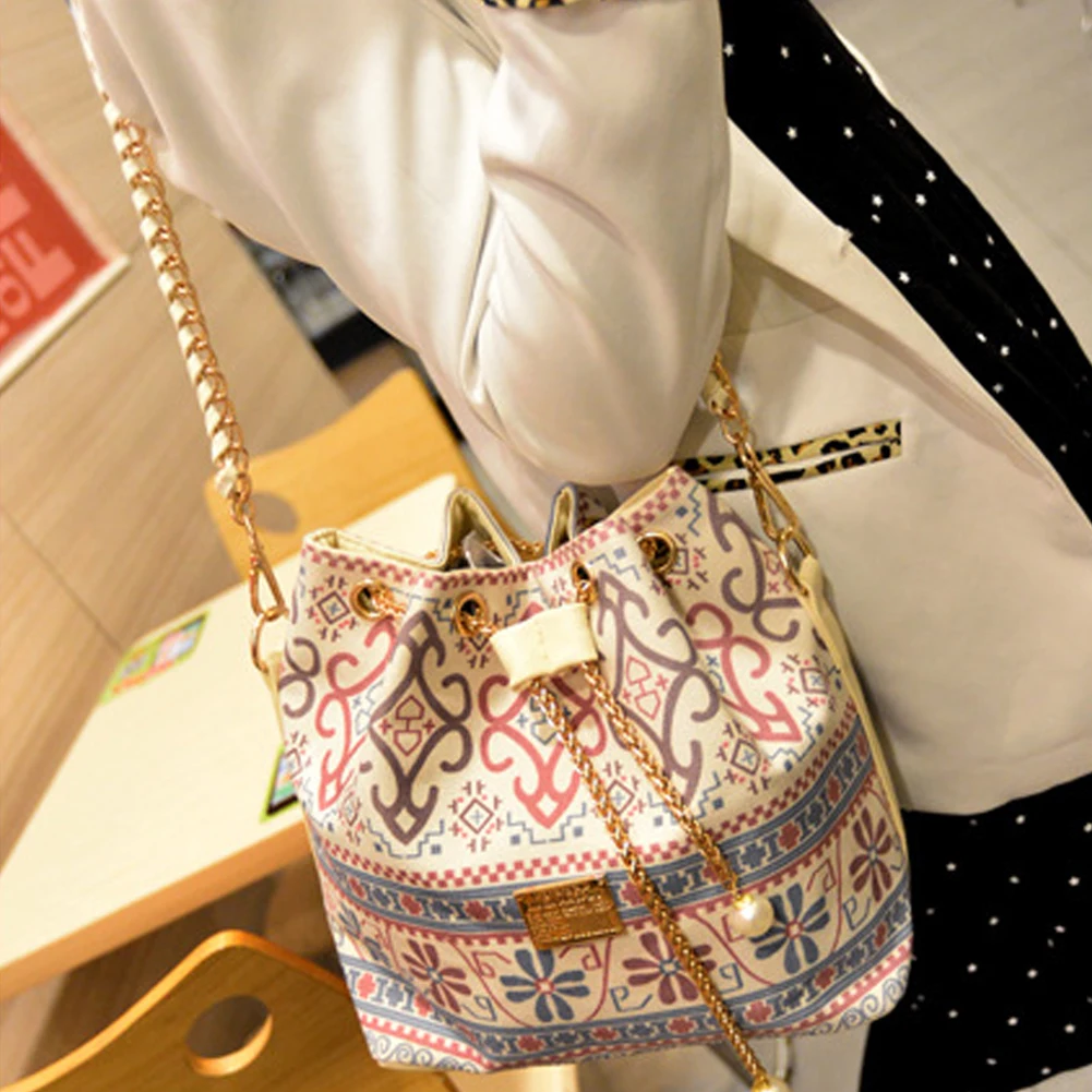 

Bohemian Canvas Drawstring Bucket Bag Crossbody Bags for Women Faux Pearl Korean Bucket Tote Shoulder Bag Bolsos Mujer