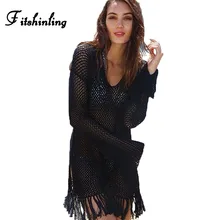 Fitshinling 2017 Длинные рукава трикотажные пляжное платье Женский бахрома тонкий сексуальный тонкие черные платья для женщин Boho выдалбливать парео Лидер продаж