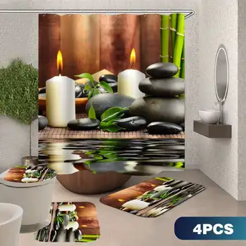 

180*180CM Waterproof Bathroom Bamboo Stone Candle Shower Curtain Toilet Cover Mat Non-Slip Rug Set