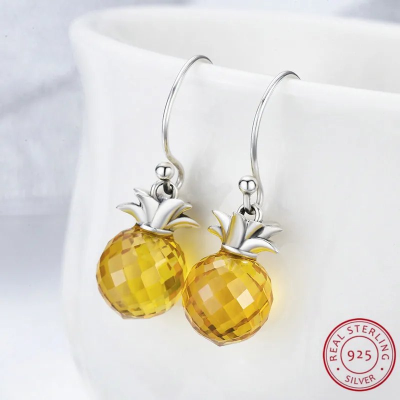 

New Sale Yellow Lovely Pineapple CZ 925 Sterling Silver Drop Earrings for Women Party Daily Jewelry Gift pendientes de gota