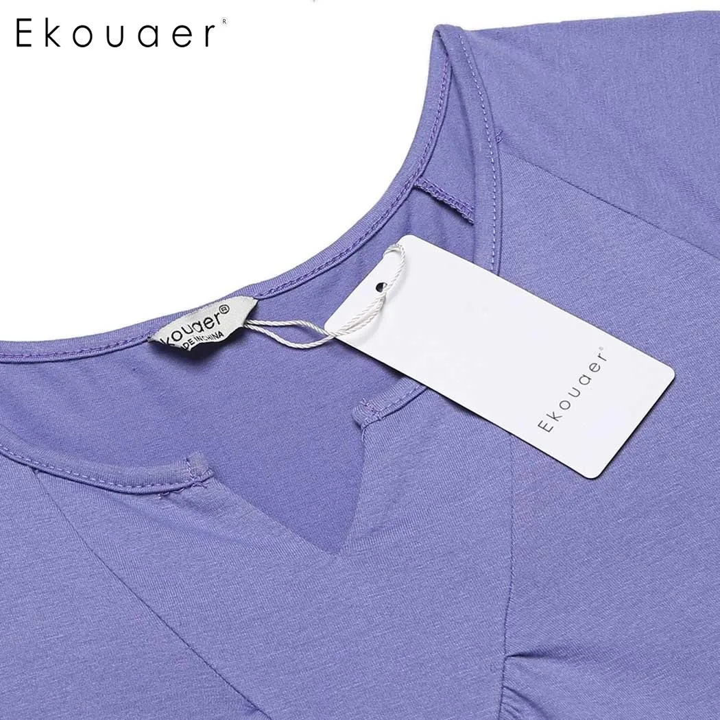 Ekouaer Повседневная Свободная Женская ночная рубашка однотонная Пижама с v-образным вырезом и коротким рукавом ночная рубашка с маской для глаз женская ночная одежда
