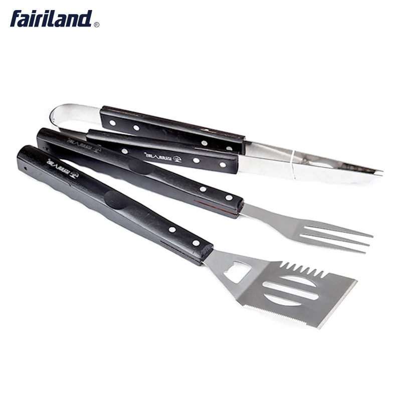 BBQ Tools Kit 3pcs Outdoor Camping Cookware Stainless Steel wooden handle Kitchen tools Cookset