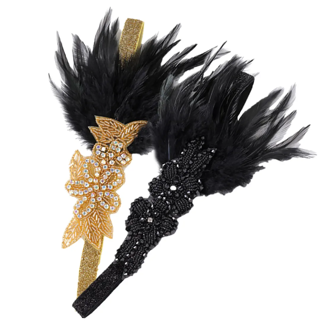

Vintage Woman Elastic Feather Headband 1920s Gatsby Party Rhinestone Forehead Decorations Hair Accessories Black Rhinestone Bead