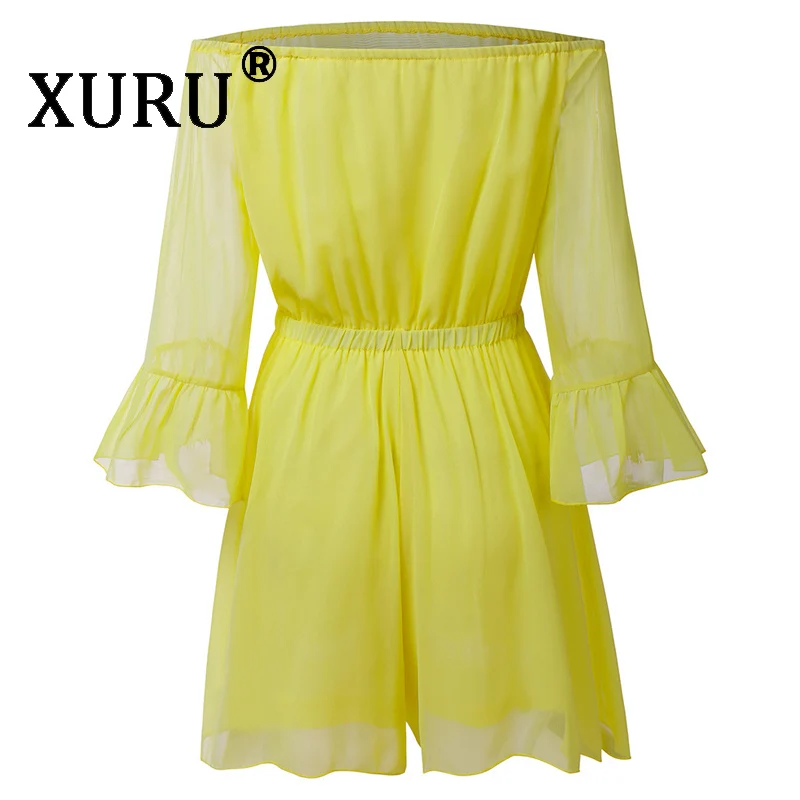 XURU new hot women's 2019 summer jumpsuit solid color word shoulder wrapped chest lotus leaf sleeves waist shorts jumpsuit
