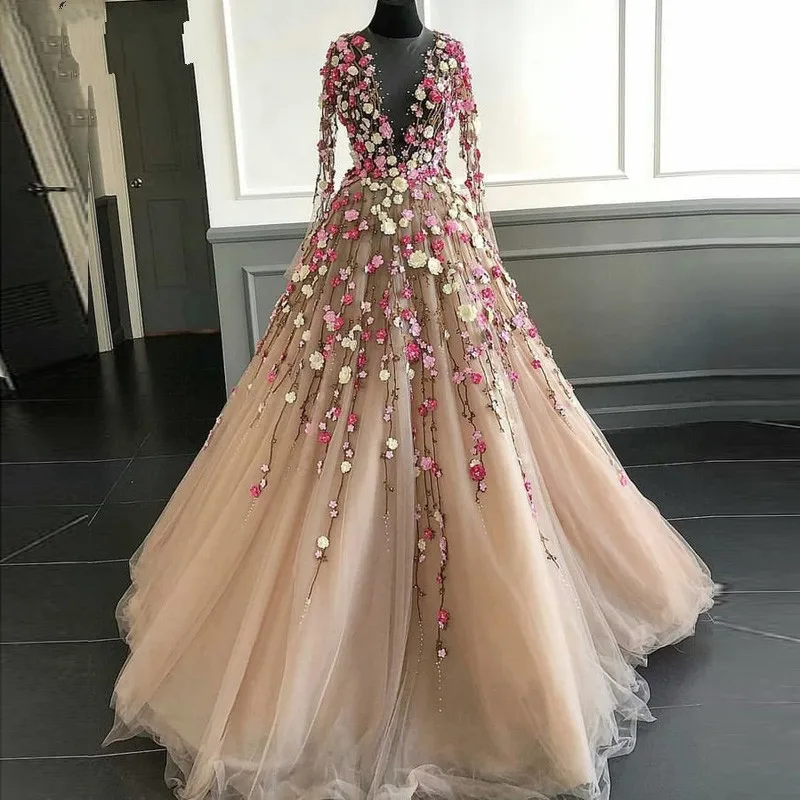 Дубайские вечерние платья robe de soiree abiye Цветочный Тюль v-образный вырез элегантное платье вечерние праздничные платья с длинными рукавами abendkleider