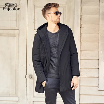 

Enjeolon Brand Cotton Padded Long Jacket Men Windproof hoodies Parka black solid Thick Quilted Coat Men plus size 3XL MF0625