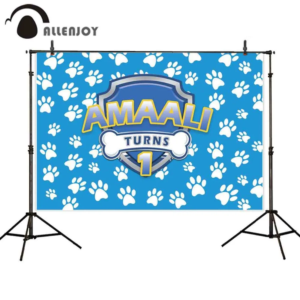 

Allenjoy Cartoon dog photography backdrop Blue boy birthday party footprints bone background photo studio photocall photophone