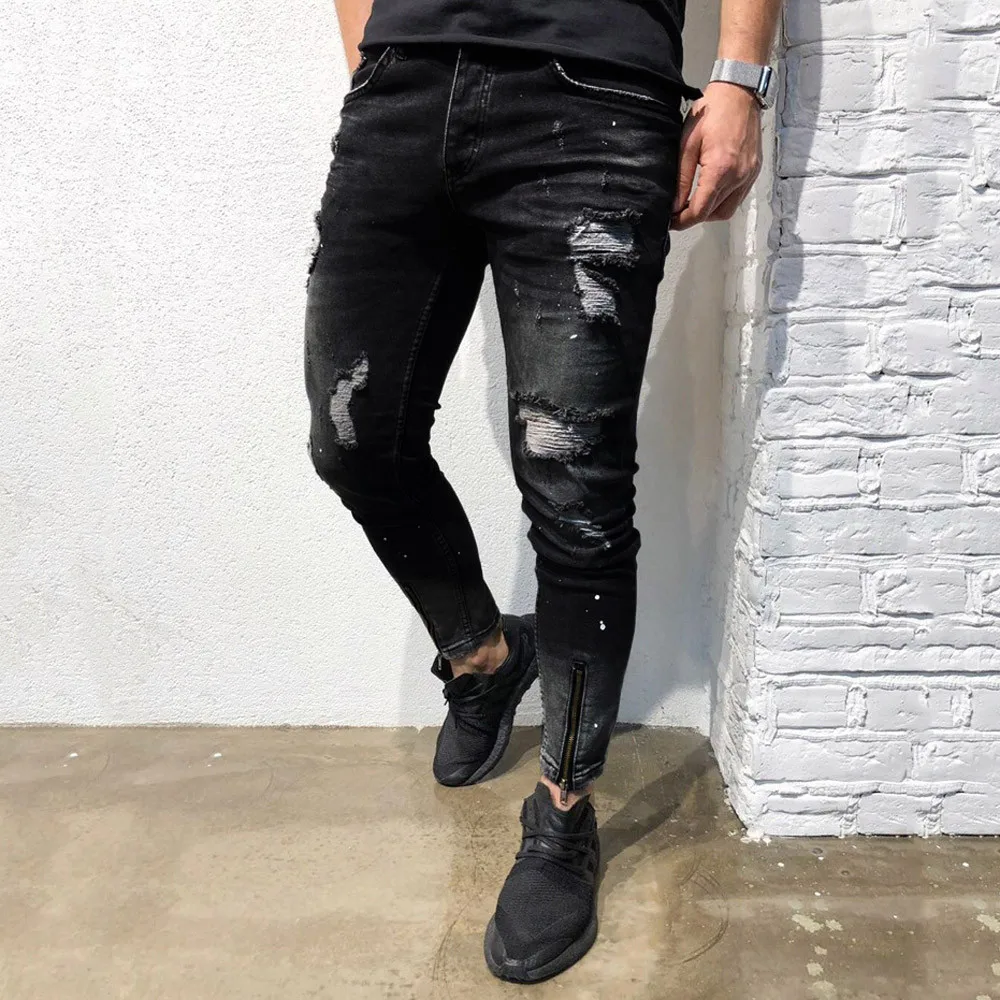 Мужские винтажные джинсы на молнии классические зауженные рваные повседневные в