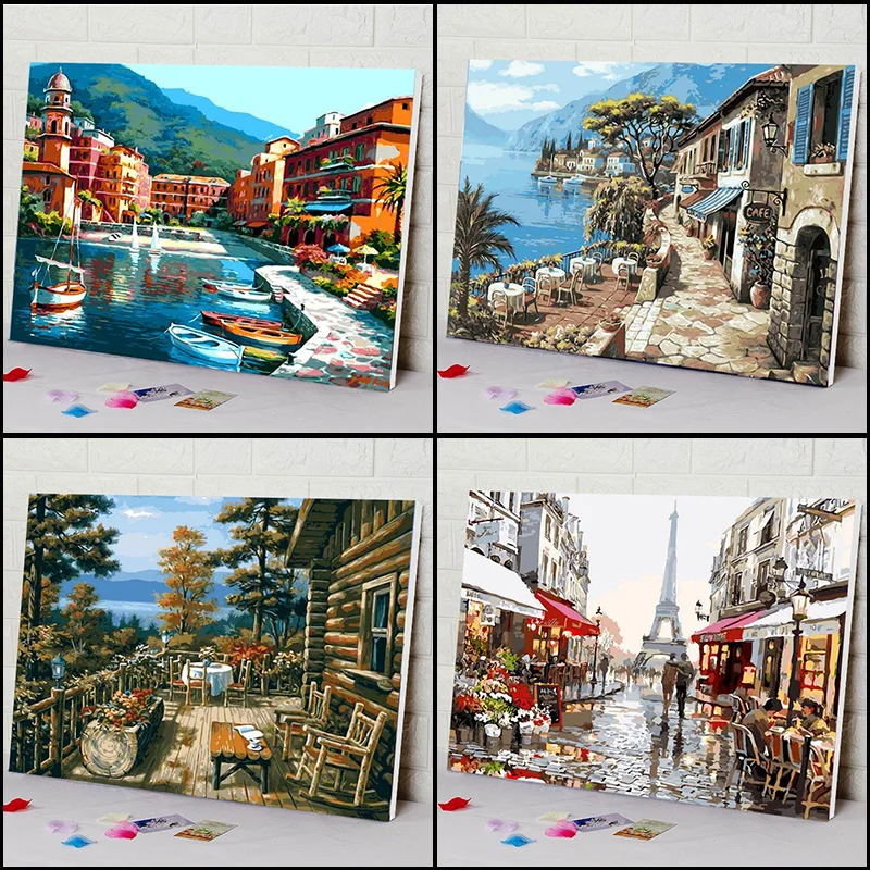 

Oil paint painting by numbers diy picture drawing coloring on canvas painting by hand wall paint by number landscape