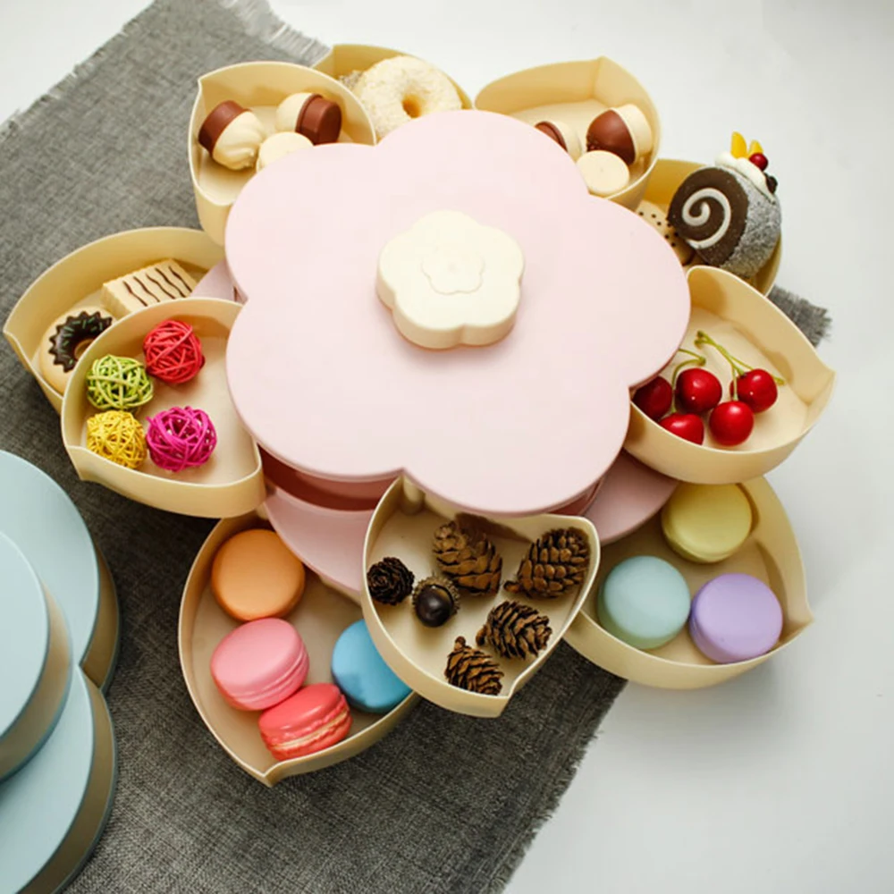 

Portable Snack Storage Box Double Layers Candy Plates Petal-Shape Rotating Snack Tray Dried Fruit Storage Organizer Box Decor