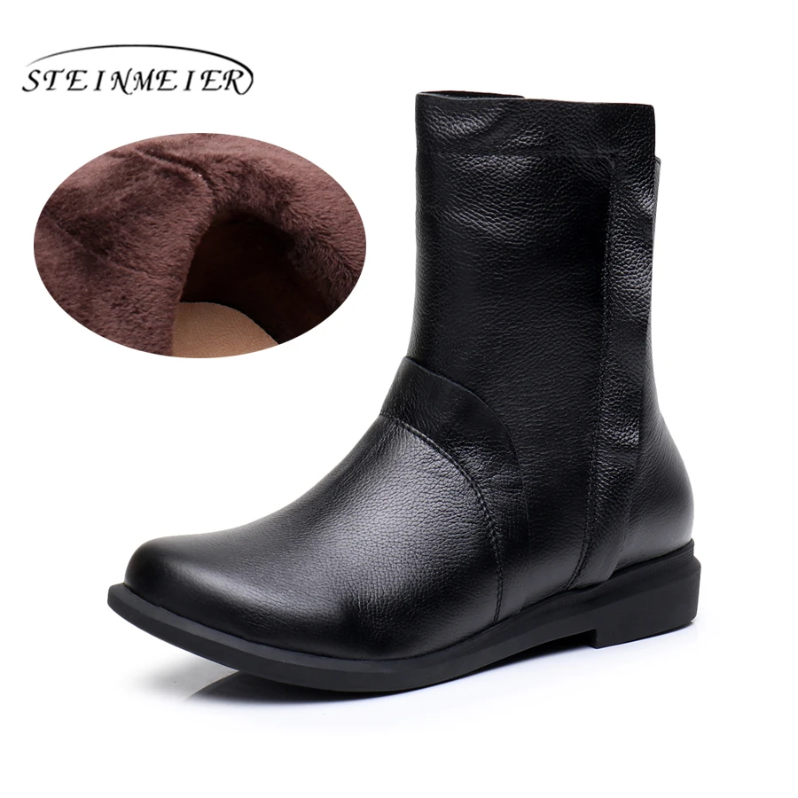

Woemn Genuine Leather mild-calf Boots retro Handmade zipper Comfortable soft woman Shoes 2018 spring black boots