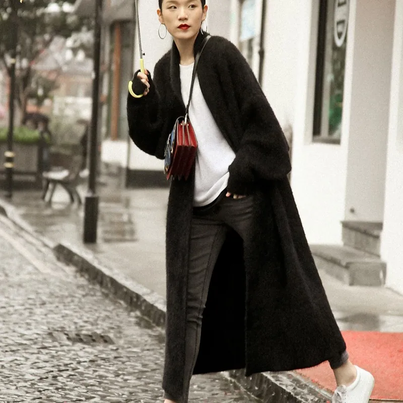 Натуральный норковый кашемировый свитер женский кашемировый кардиган вязаный норковый жакет Зимний длинный шуба - Цвет: Черный