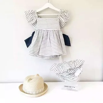 

2017 Little Baby Girls Striped Sets Toddler Striped Bow Dress with Cotton Short pants Childrens Fashion Outfits Kids clothing