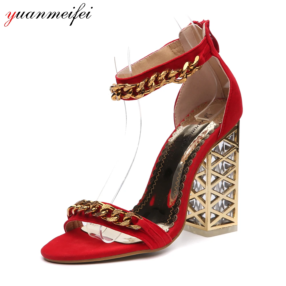 

yuanmeifei 2018 New Arrival Women's Sandals Shoes Ladies Square Heel Summer Peep-toe Shoes Sexy High Heels 12 CM Size 40 Zipper
