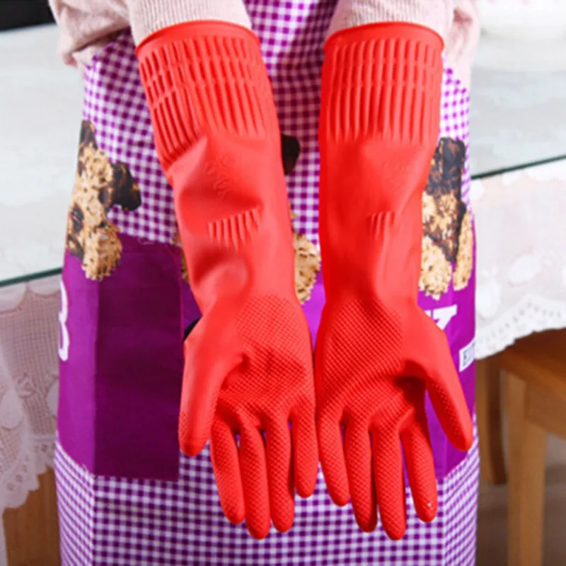 thumbnail image 1 of 1 par de guantes de goma flexibles y cómodos para limpiar platos rojos, guantes largos de goma para lavar platos, accesorios de limpieza de cocina, 1 of 5