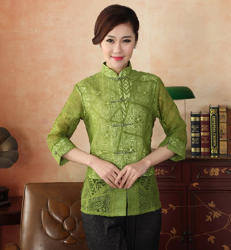 

Green Chinese Women's Traditional Cotton Blouse Spring Autumn Shirt Hollow Out Tops Feminina Camisa S M L XL XXL XXXL WS066