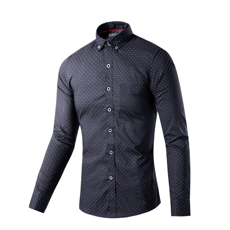 

New Slim Fit Polka Dot Solid Black Color Cotton High Quality Casual Shirt Men's Social Dress Shirt Full Sleeve Turn Down Collar