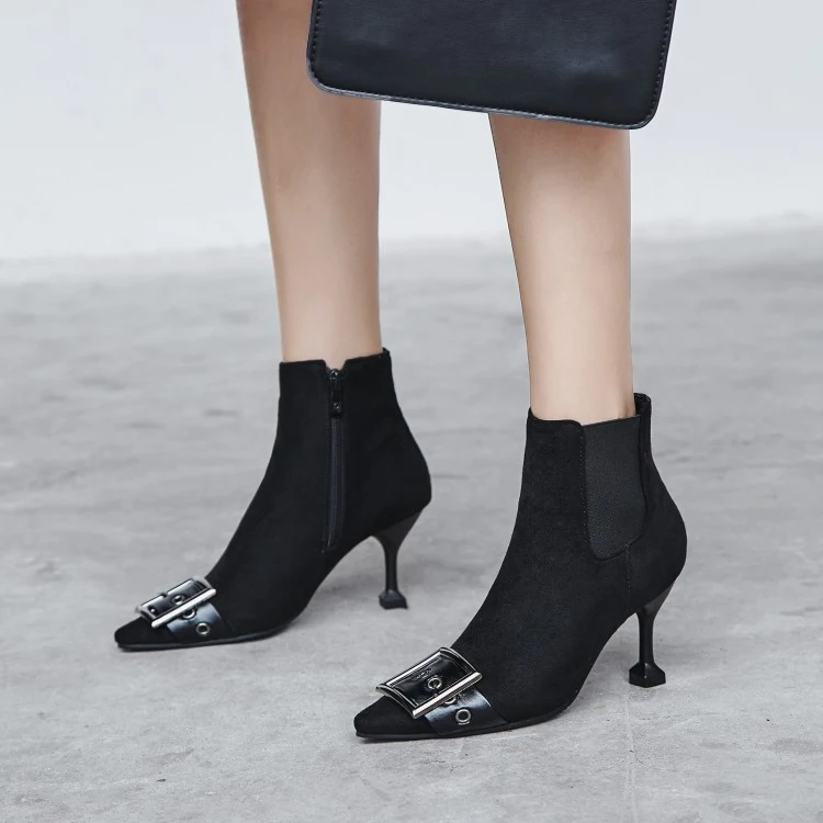 

Big Size 11 12 13 14 15 16 17 Fashion Short Shoe with Tip Fine heel Metal Decorative Belt Buckle Side Zipper and Colour Matching
