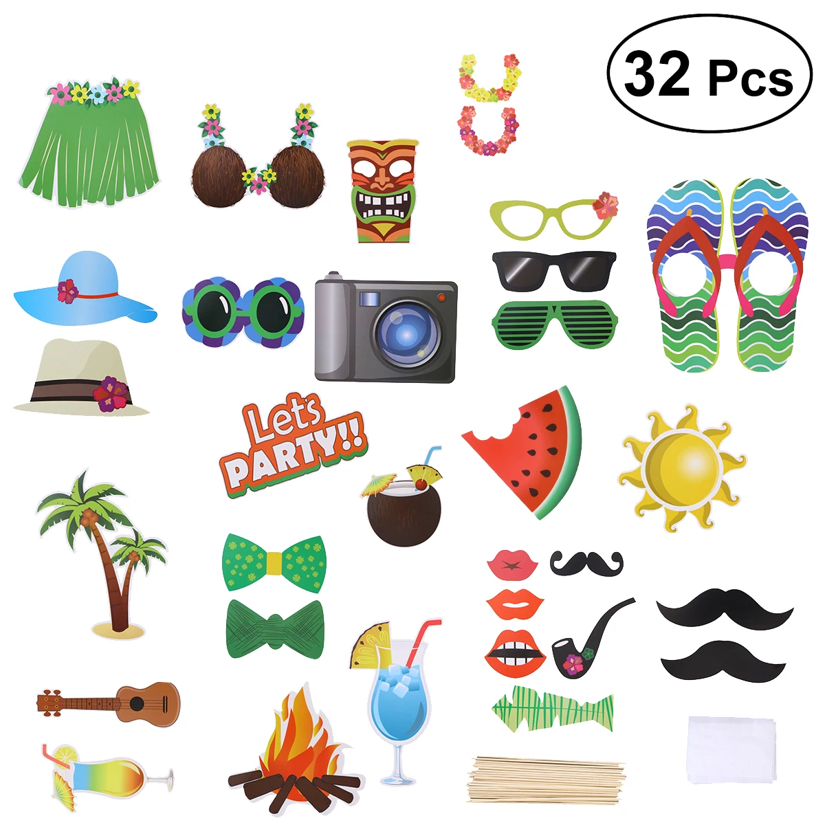 

32pcs Luau Party Decorations Photo Booth Props Hawaiian Photobooth Props For Summer Beach Pool Luau Party Decor DIY Kit Supplies