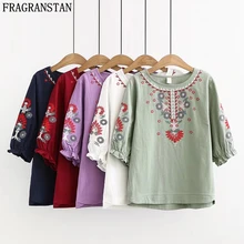 Для женщин новые модные из хлопка и льна с плюс Размеры футболка Повседневное свободного кроя с цветочным узором летнее Топы Женский Высокое качество футболка LY453