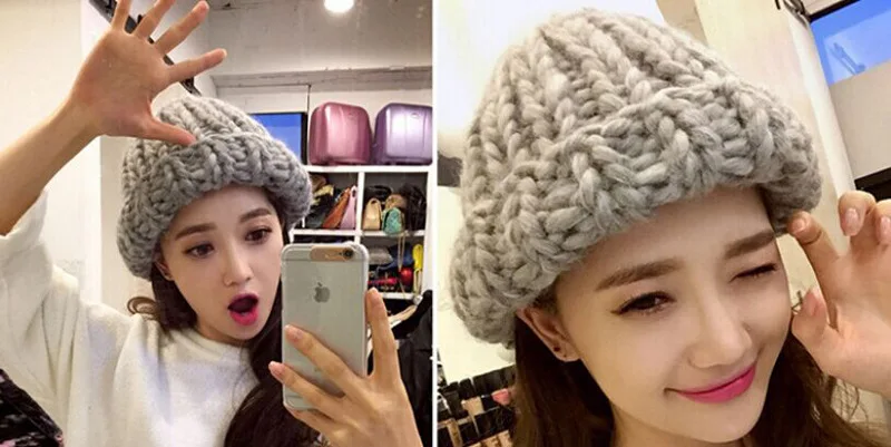 Корейская версия из ультра-высокого качества ручной грубой обжима шерсть шляпа осень-зима Теплый вязать Кепки