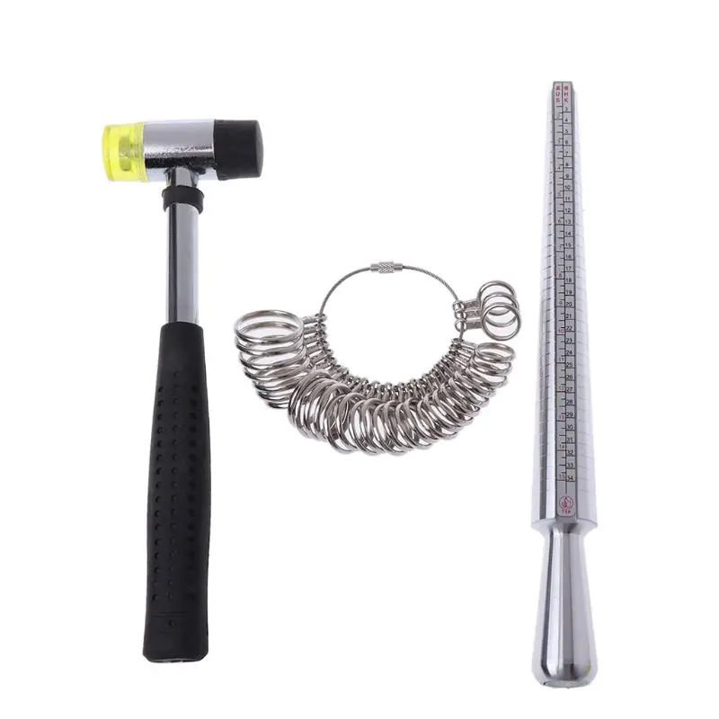 

3 in 1 Ring Jewelry Tool Kit Measuring Ring Sizer Mandrel Jewelers Rubber Hammer