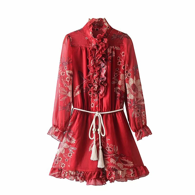 Women's Stretch Chiffon Bud O Neck Luxury Lady Print Jumpsuit Long Sleeve Women's Belt Decoration ST9075