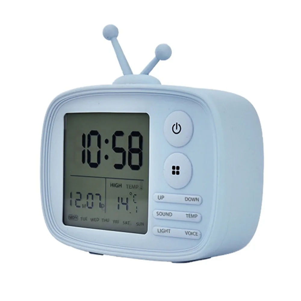 Cute Digital LED TV Set Alarm Clock With Snooze Wake Up USB Rechargeable Battery