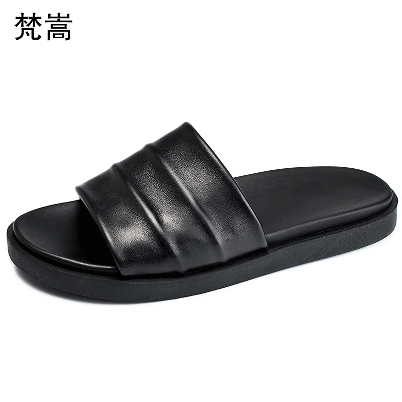 

Lazy flip-flops mens summer outdoor beach shoes fender summer men genuine leather slippers all-match cowhide roman sandals male