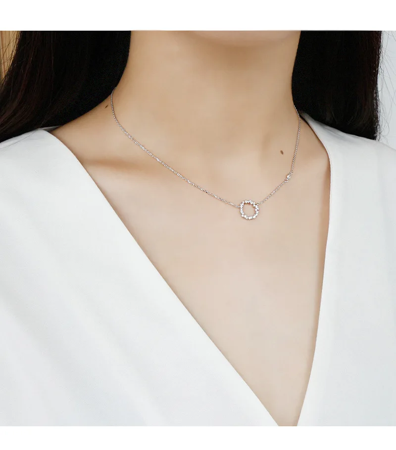 

Genuine S925 Sterling Silver Round Circle Pendant Necklace Office Lady Chain Necklaces AAA+ CZ Cubic Zirconia Fine Jewellery