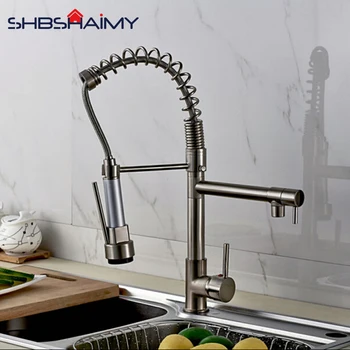 

Nickle Brushed Pull Down Kitchen Faucet Dual Spouts 360 direction Shower Kitchen Mixer Crane Hot Cold 2 Outlet Spring Tap