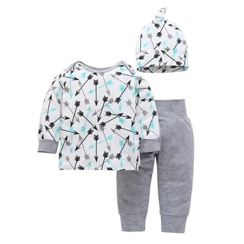 

2018 Spring Autumn New born baby 3PCS clothing set long-sleeved white arrow jumpsuit + hat + pants baby girl set