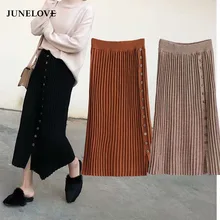 JuneLove осень зима однобортные вязаные женские юбки эластичный пояс стрейч длинный свитер юбка модные низ