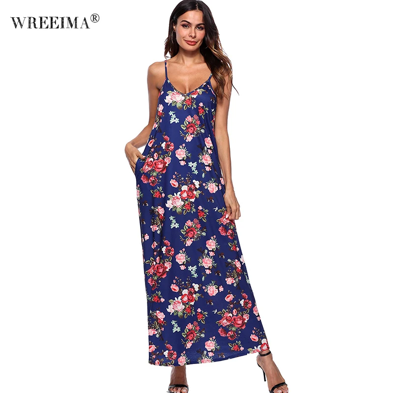 WREEIMA Long Beach maxi Dress Women Summer Floral Bohemian Dresses 2018