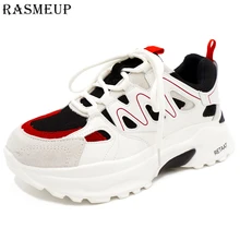 RASMEUP Suede Leather Women’s Chunky Sneakers 2018 Fashion Women Thick Sole Sneaker White Platform Lady Trainers Woman Dad Shoes