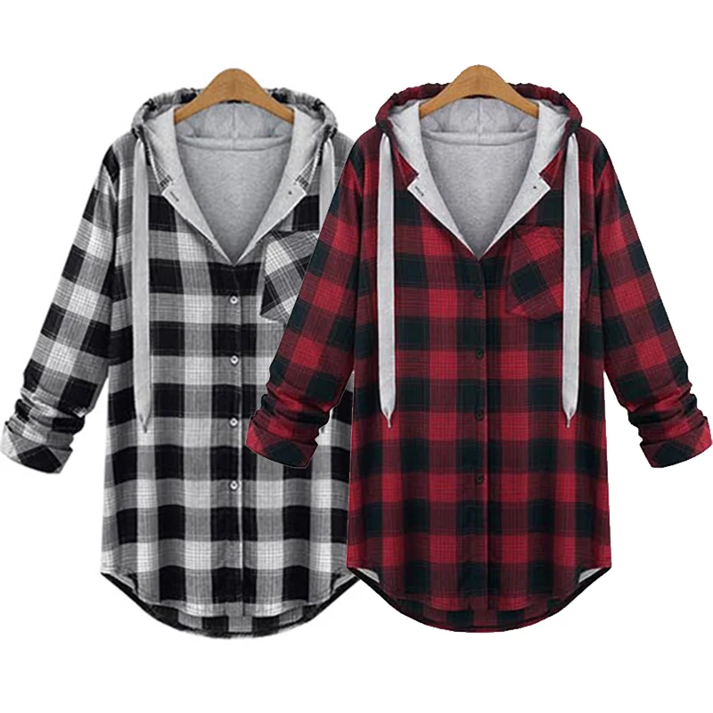 

Women Long Hooded Shirts Coat Single Breasted Plaid Cotton Shirt Blouses Casual Streetwear Plus Size 5XL Chaquetas Mujer