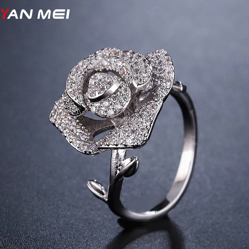 

YANMEI CZ Rose Rings For Women Silver/Gold Flower And Leaf Ring Luxury Crystal Wedding Gifts Fashion Jewelry YMJ1843