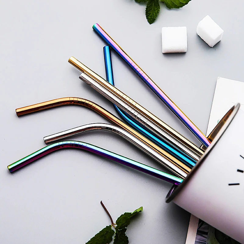4 pcs Colorful 304 Stainless Steel Straws Reusable Straight Bent Metal Drinking Milk Straw With Cleaner Brush Set Family Pack | Дом и сад