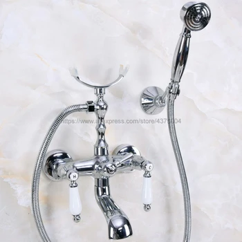 

Polished Chrome Dual Handles Bathtub Faucet Set Wall Mount with Handshower Bath Shower Mixer Taps Nna237