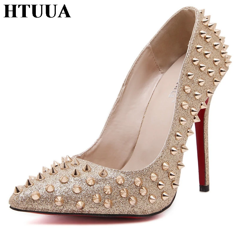 

HTUUA Fashion Rivet Red Bottom High Heels Women Pumps Office Ladies Shoes Sexy Pointed Toe Thin Heel Wedding Party Shoes SX1753