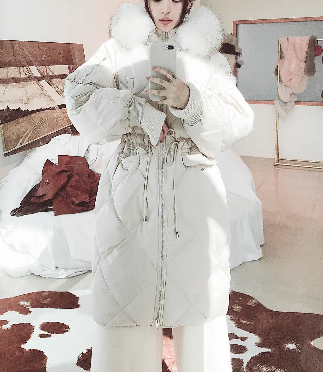 Down jacket fur ladies hooded jacket coat collar women cotton warm long section Down jacket fur ladies hooded jacket coat collar women cotton warm long section