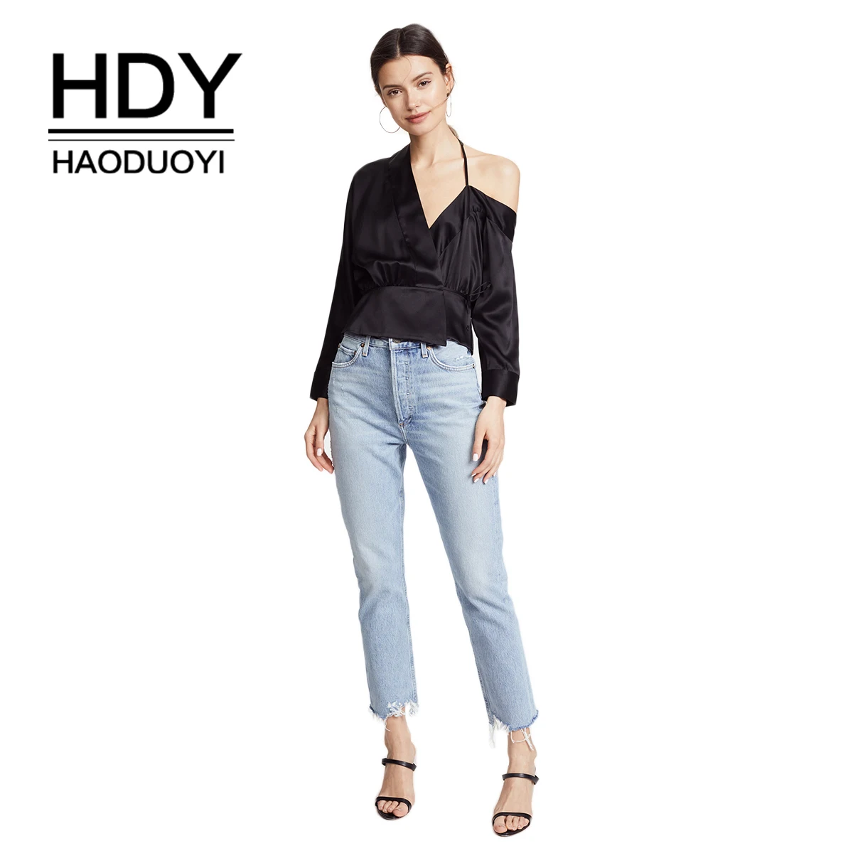 Женская рубашка с длинным рукавом HDY Haoduoyi черная треугольным вырезом|Футболки| |