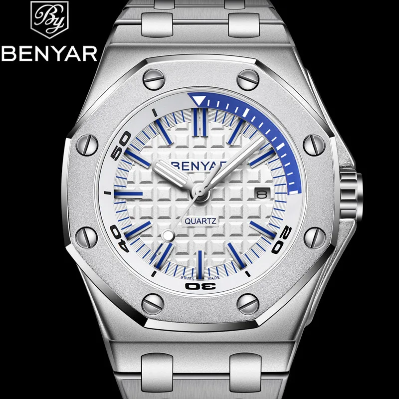 

New BENYAR Fashion Men Watches Top Brand Luxury Quartz Watch Men Waterproof Sport Stainless Steel Strap relogio masculino+Box