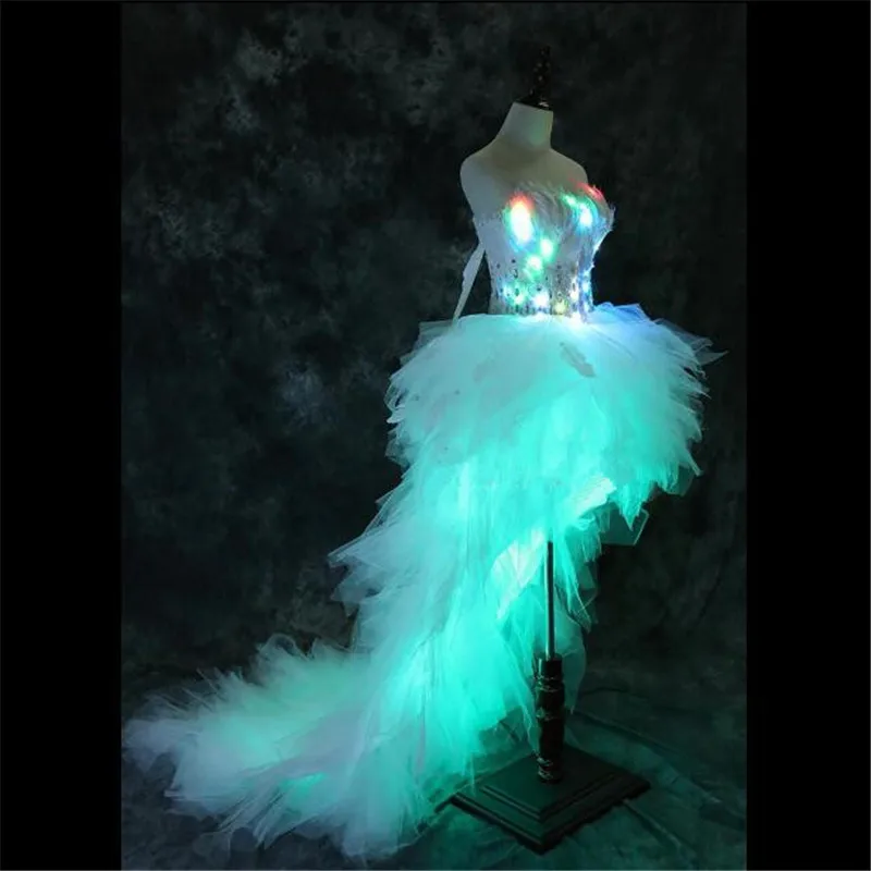 KS11 femmes robes de soirée RGB coloré lumière traînant jupe bellydance porte led costumes fête lumineuse plume tenues rave